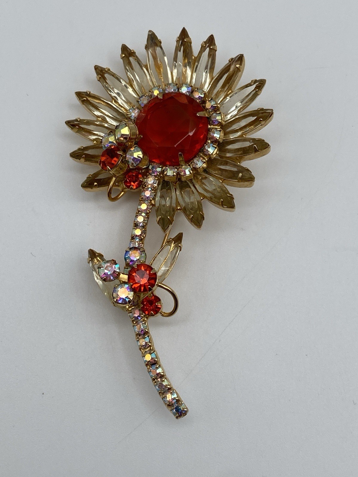 Vintage JULIANA D&E Sunflower Large Pin Brooch Champagne/Orange Rhinestone Stem