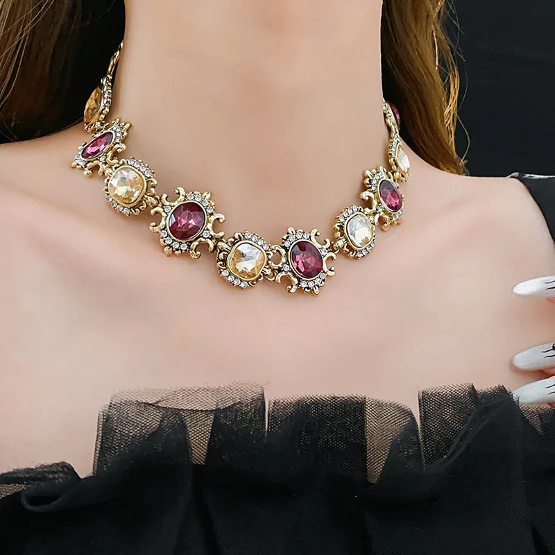 Vintage Purple Rhinestone Necklace Drop Earrings for Women Palace Style