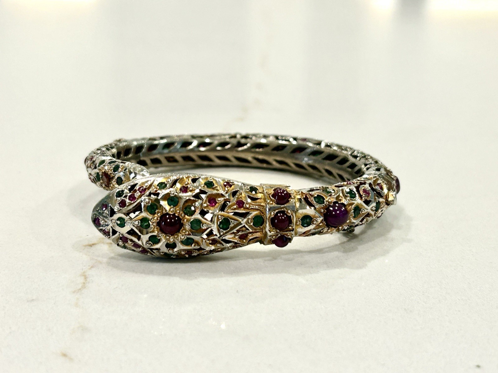 Antique Mughal Ruby Emerald Sterling Snake Bracelet Jewels Of India