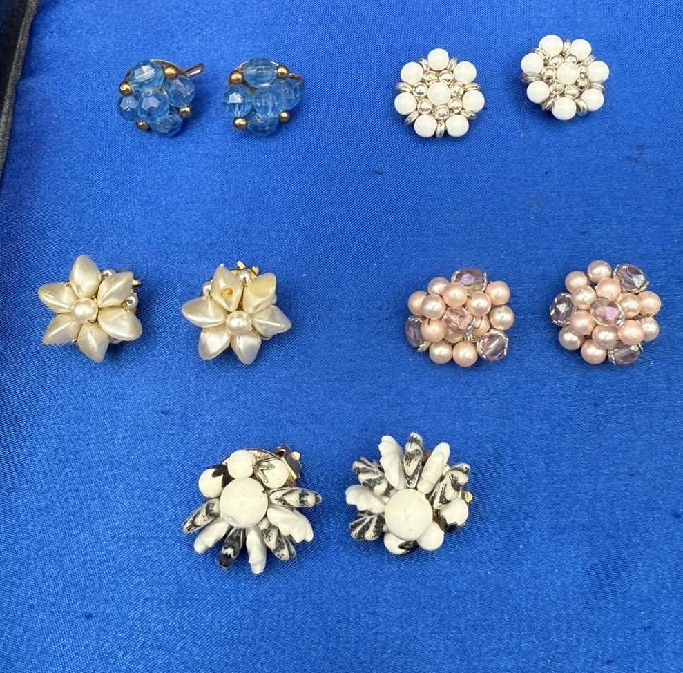 Vtg Cluster Clip & Screw back Earrings 5 Pairs , Japan, Hong Kong C1276