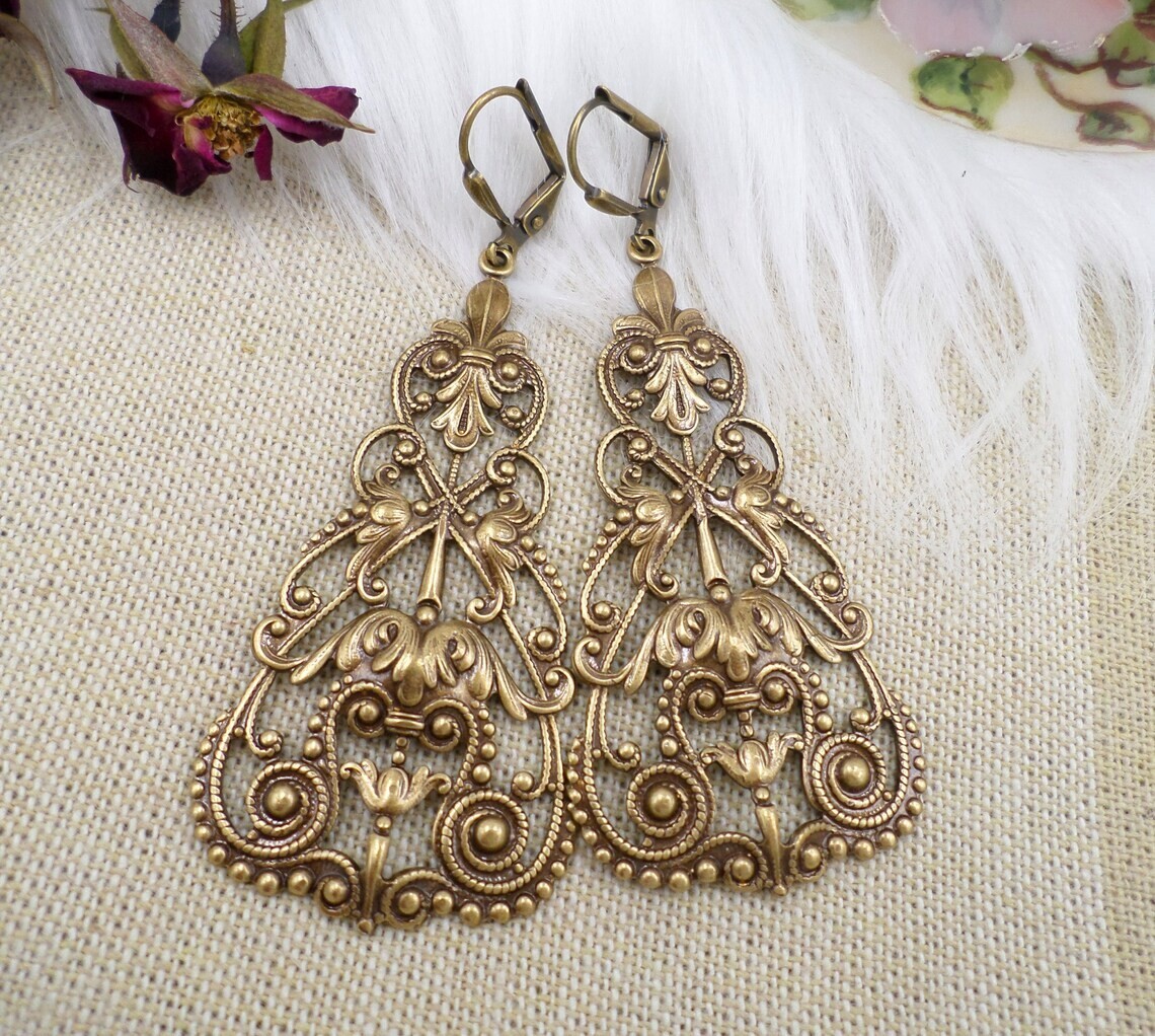 Large Brass Filigree Statement Earrings, Victorian Reproduction Jewelry, Tudor