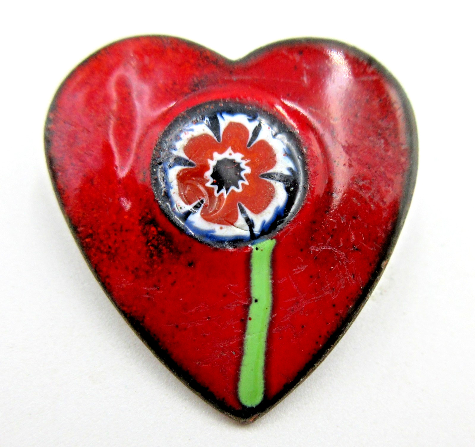 VTG white red green copper tone mtl HEART FLOWER leaf Brooch Pin Costume Jewelry