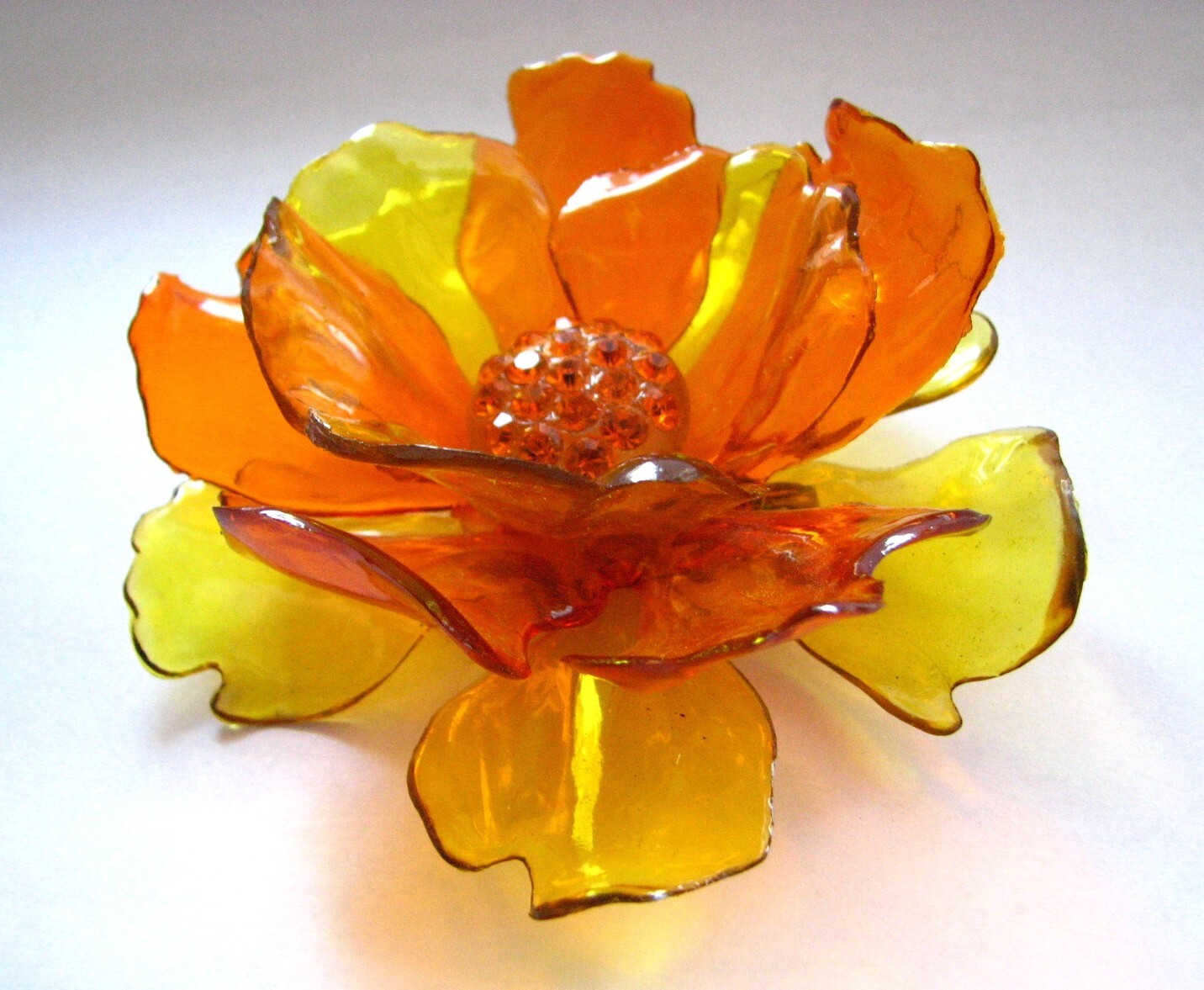 Gorgeous Vintage 1960s Massive Rhinestone Vibrant Orange Yellow Acetate Brooch