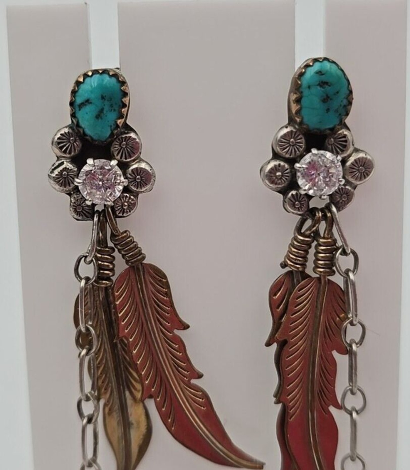 Silver Tone w/ Copper Tone Feathers Turquoise Rhinestone Dangle Earrings w/ Cuff