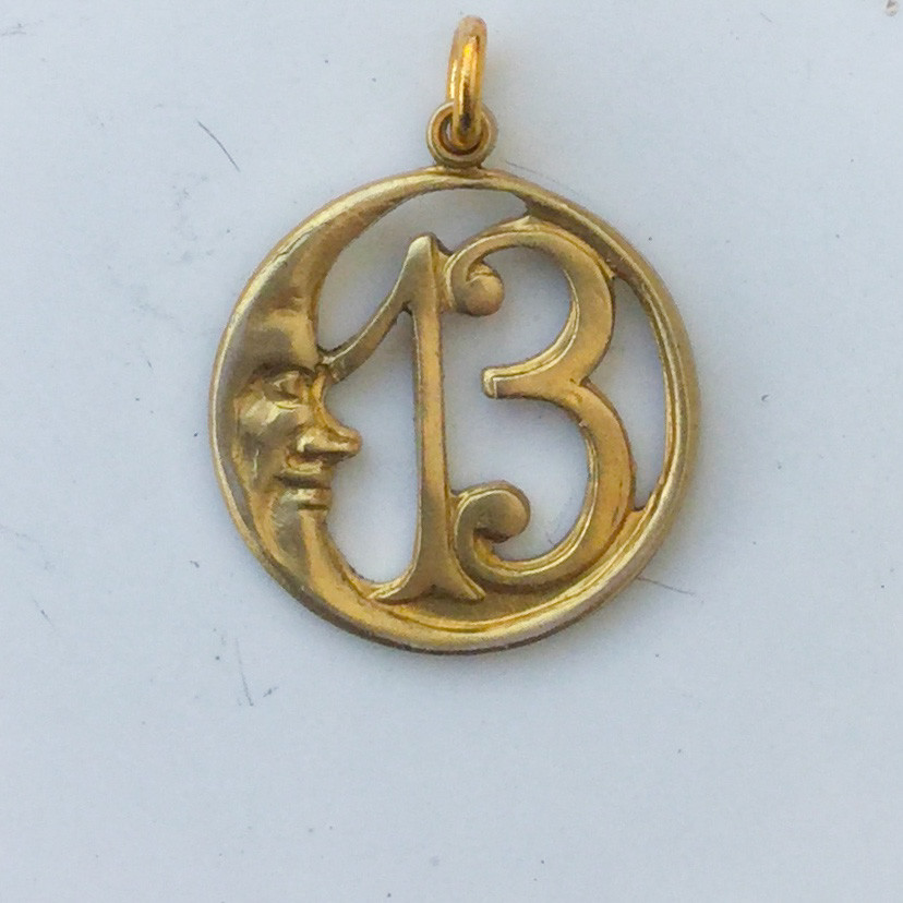 LUCKY 13 Crescent Moon Pendant Charm. Gold Tone. Retro Vintage style Good Luck.
