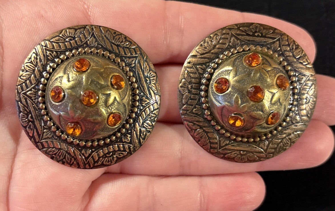 Vintage 1980s Orange Rhinestone Dome Statement Clip On Earrings Runway