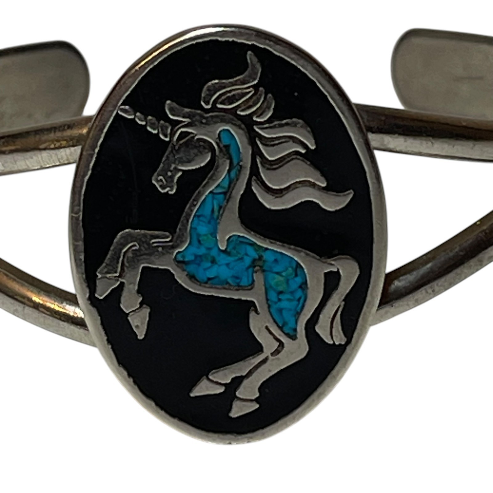 Vintage 1984 Cuff Bracelet Unicorn Cloisonne Turquoise Inlay Black Enamel Y2K