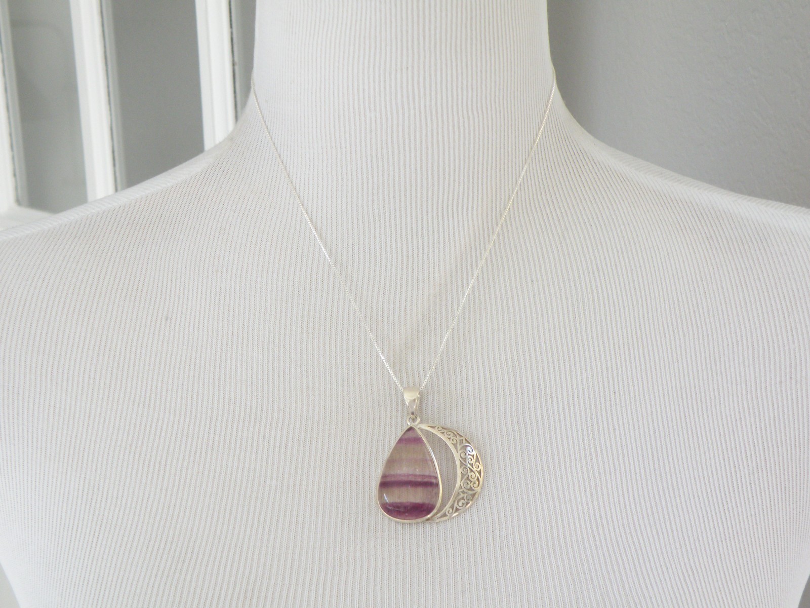 Large Sterling Silver 925 Fluorite Crescent Moon Pendant Necklace