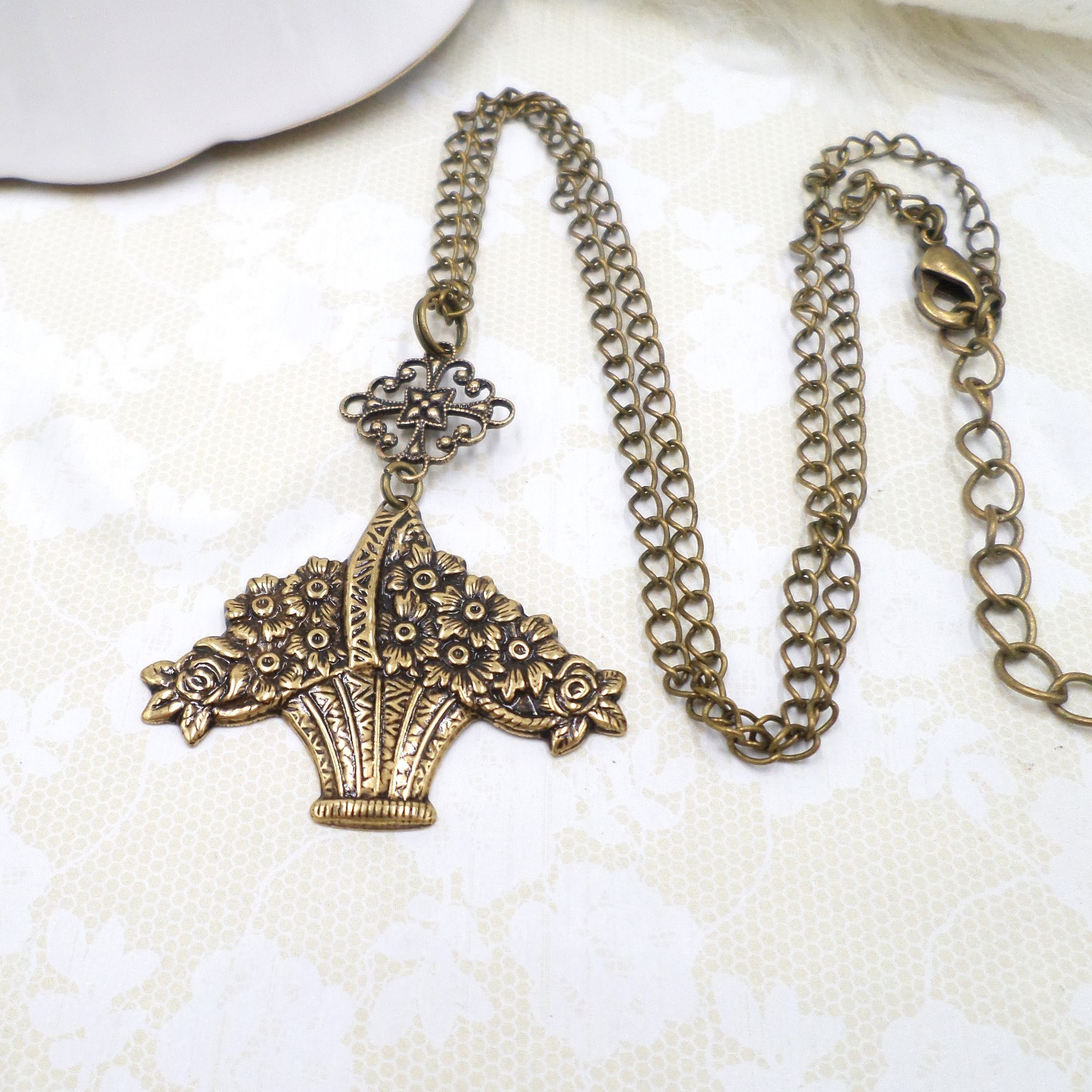 Flower Basket Necklace Antique Brass Handmade Floral Pendant Victorian Style