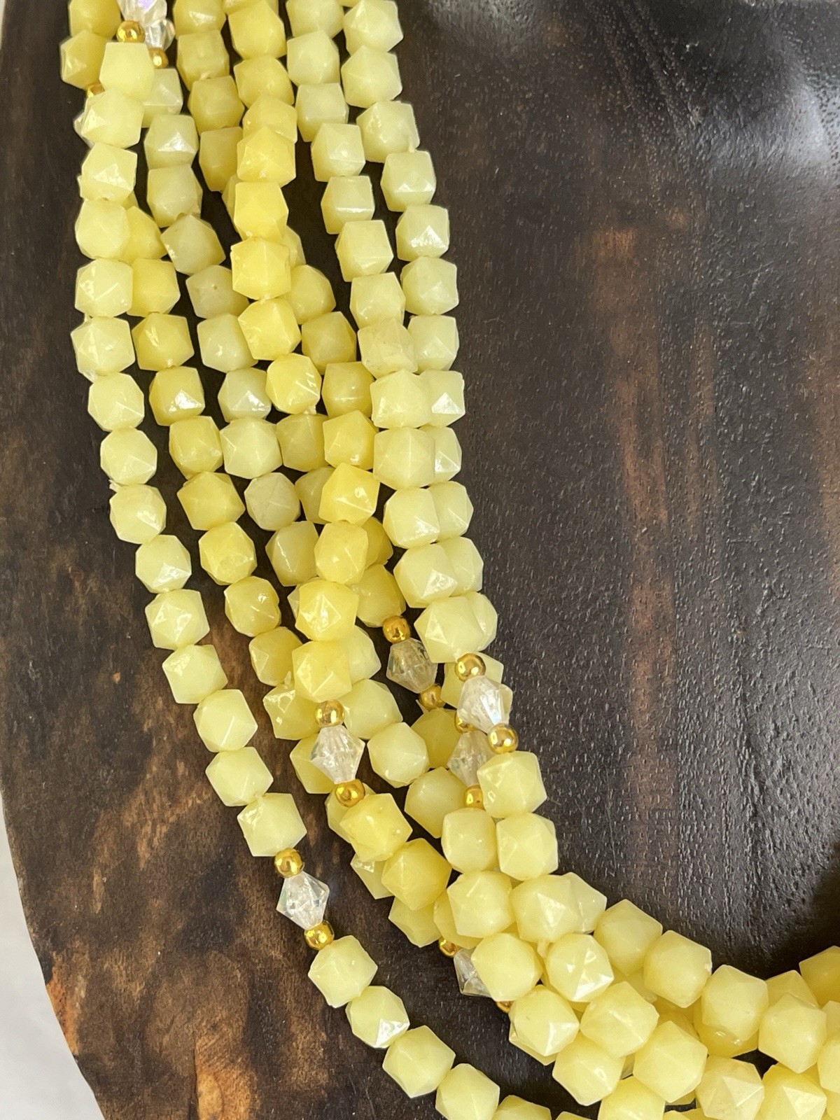 Hong Kong Yellow Beaded Necklace and Clip On Earrings Set Seven Strand Necklace