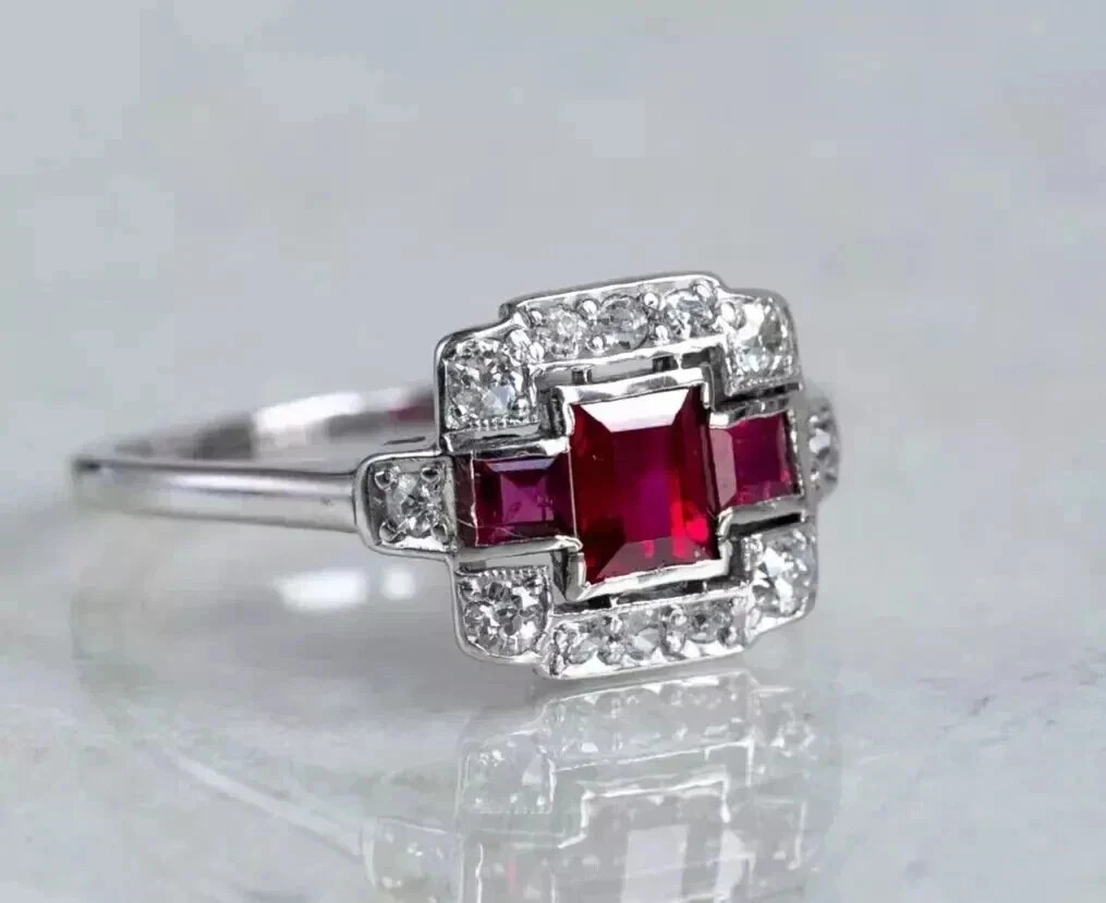 2.75Ct Art Deco Style Lab Created Ruby&Diamond Engagement 14K White Gold FN Ring