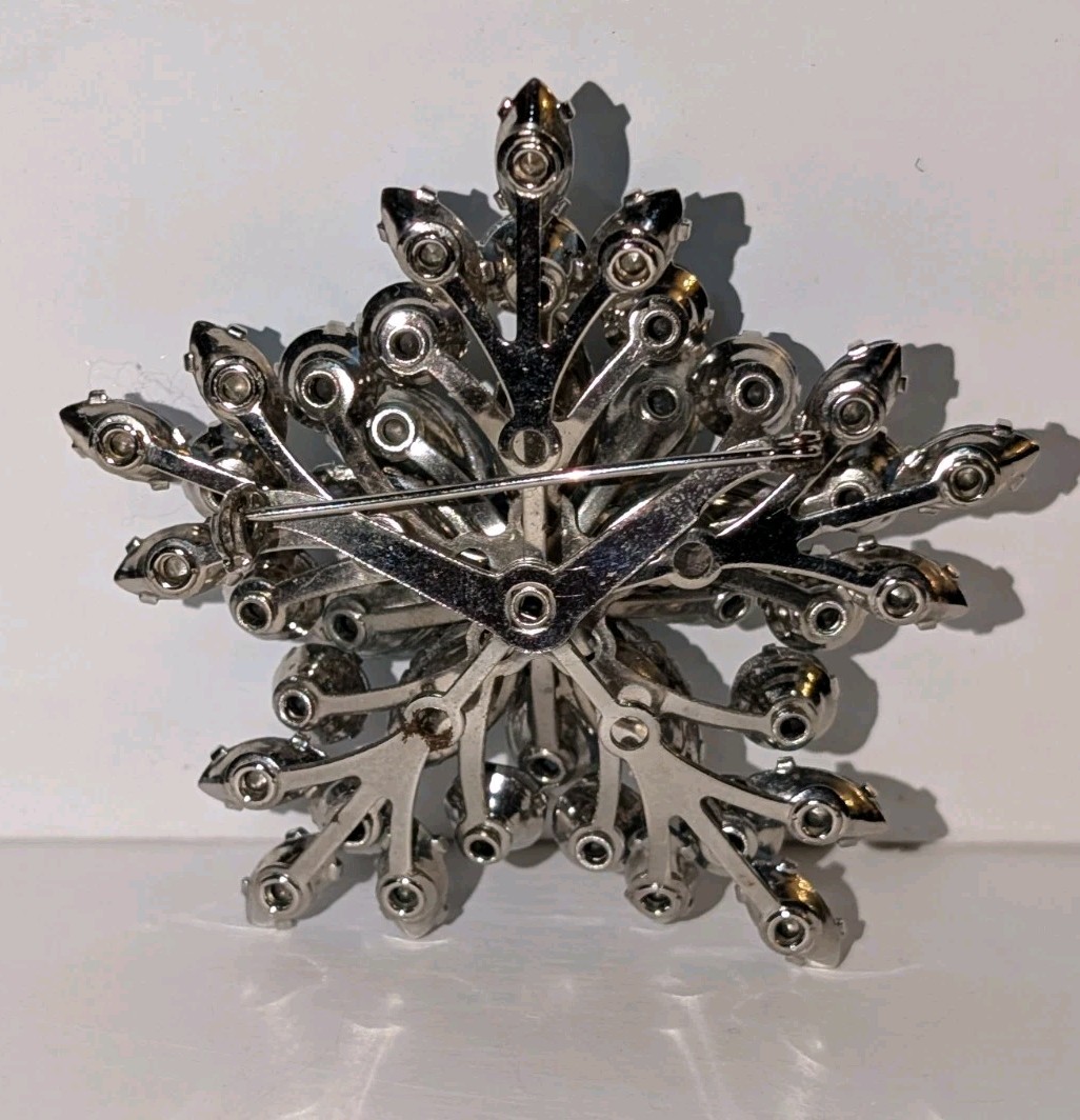 Vintage Ice-Blue Rhinestone Snowflake Brooch & Clip Earrings Set, AB, 1960s