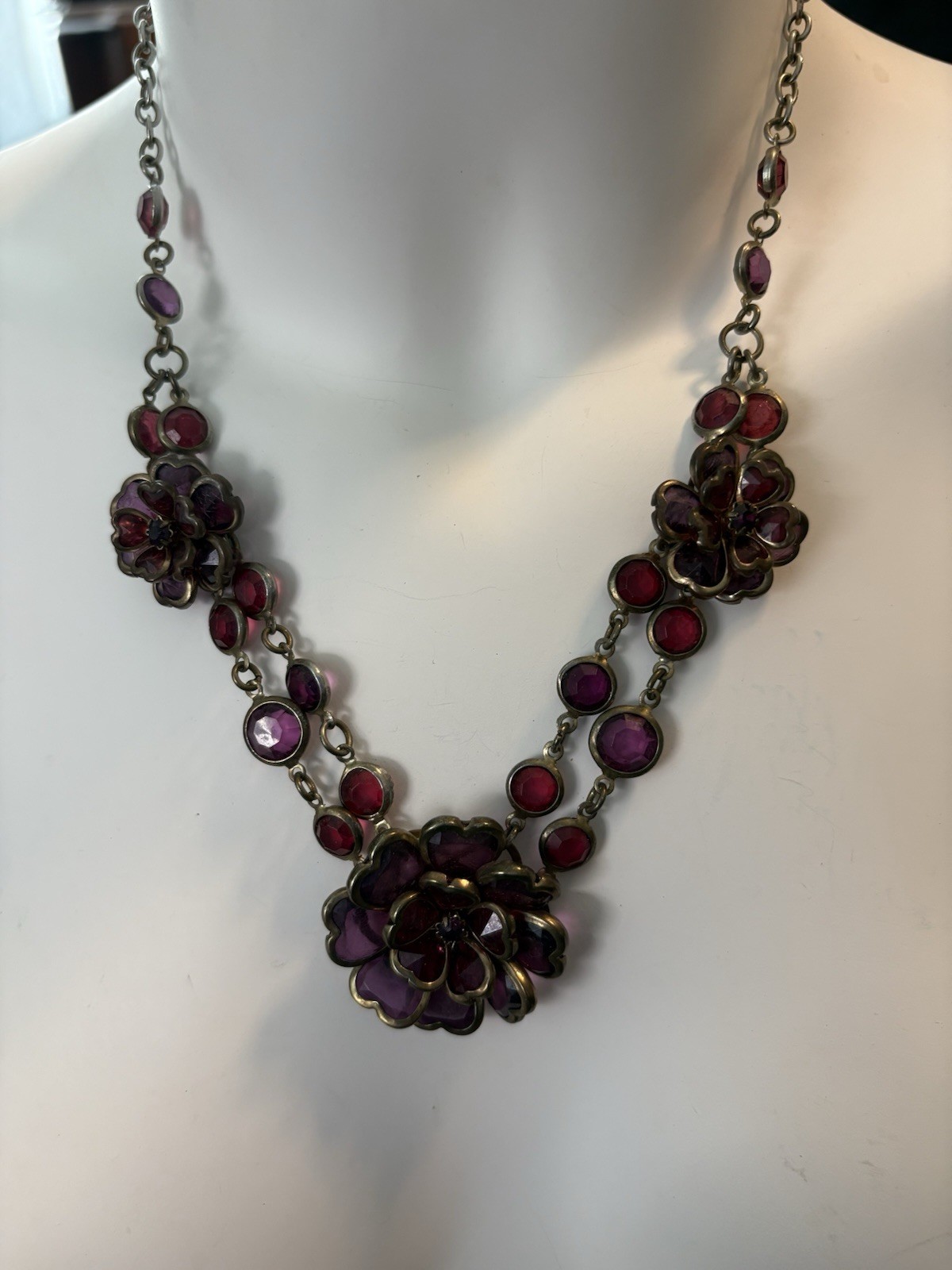 Vintage Ruby Red Flower Gothic Detailed Necklace 20” Danish Designer Pilgrim?