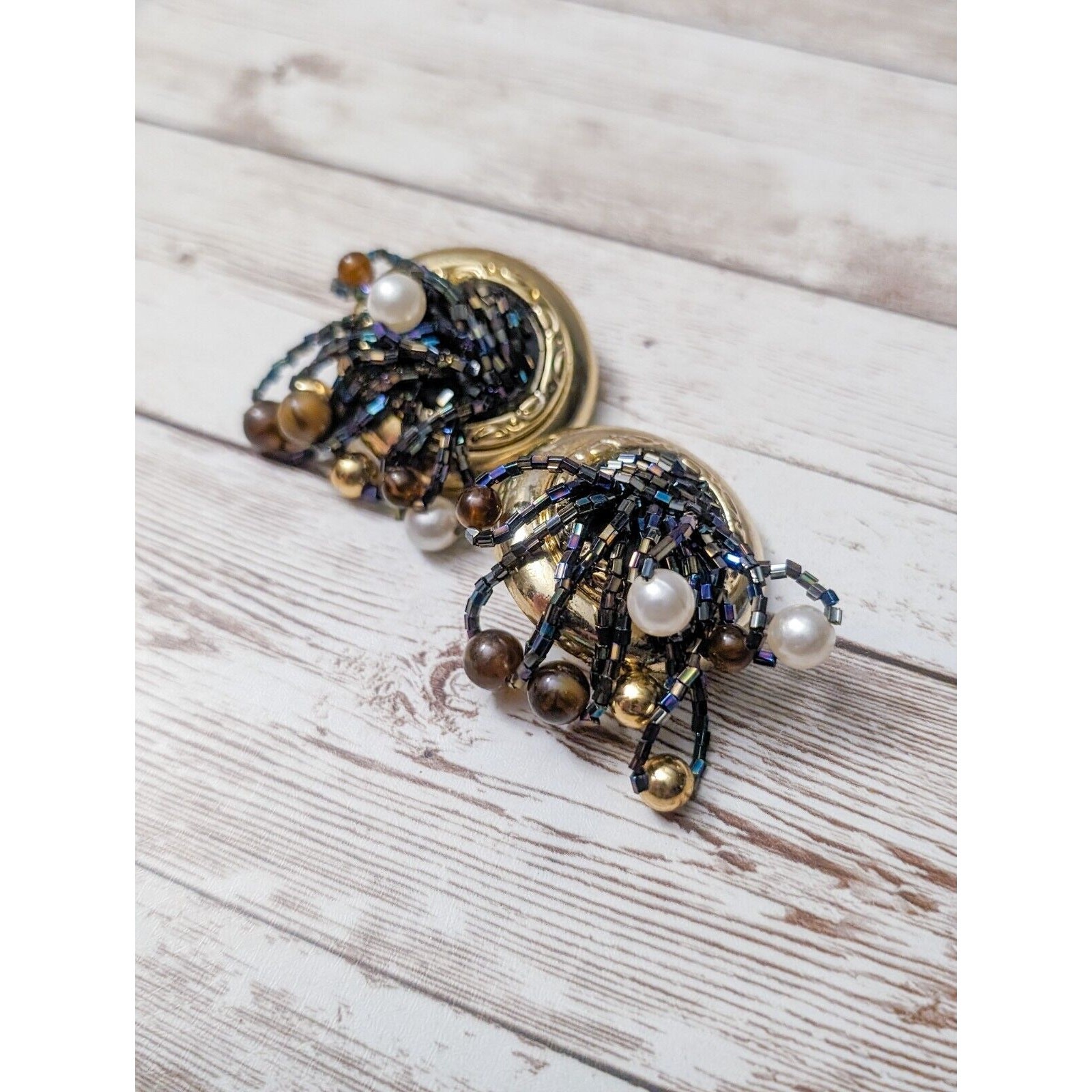 Vintage Clip On Earrings Extra Large Statement Earrings Beaded Dangle