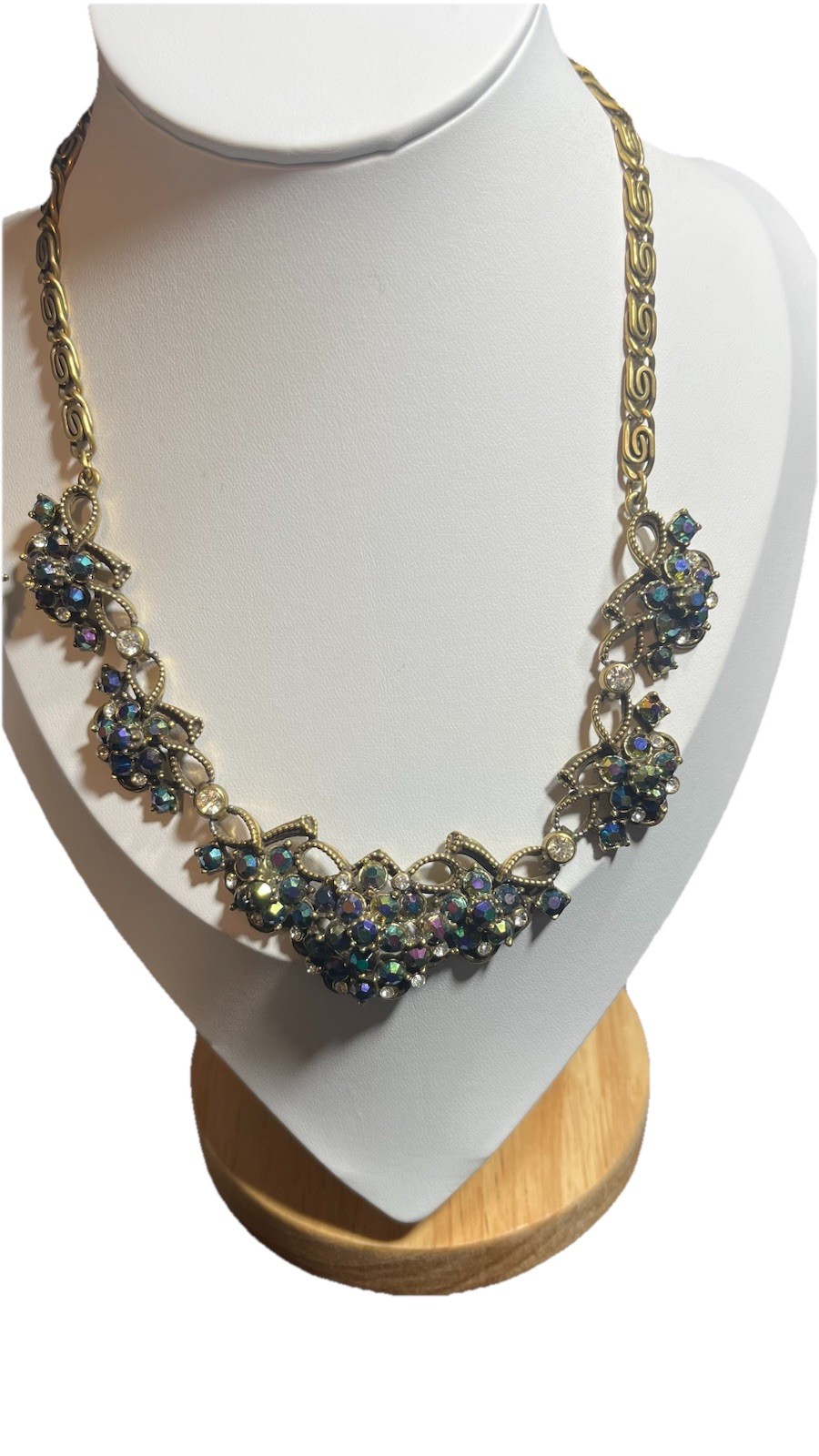Vintage Florenza Peacock Blue & Vitrail A/B Rhinestones Necklace & Earring Set