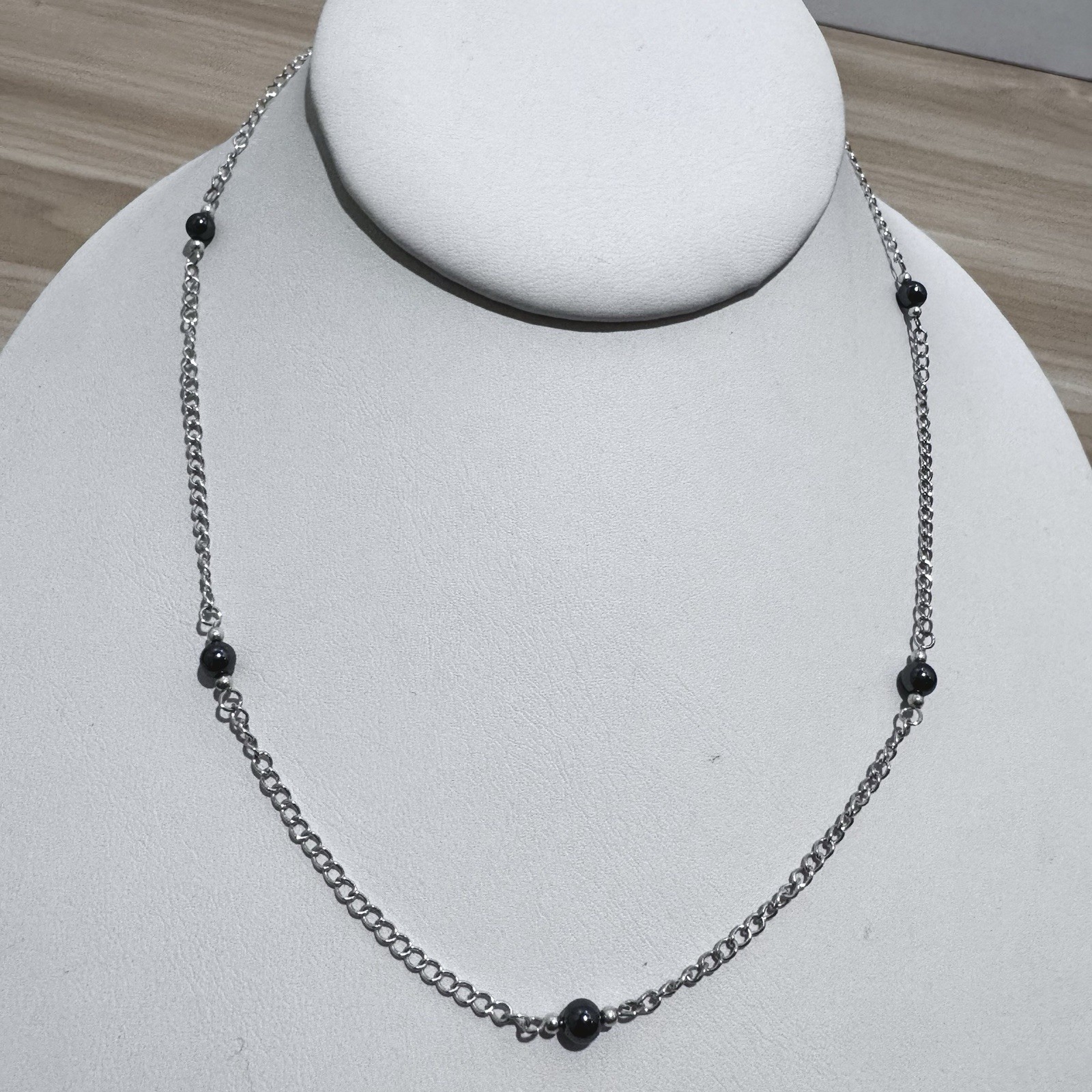 VINTAGE Sterling Silver & Hematite Bead Necklace 16” 925 Station Necklace 1990s