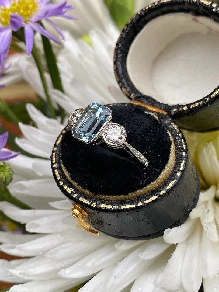 Art Deco Style 2.55Ct Lab Created Aquamarine Engagement 14K White Gold FN Ring