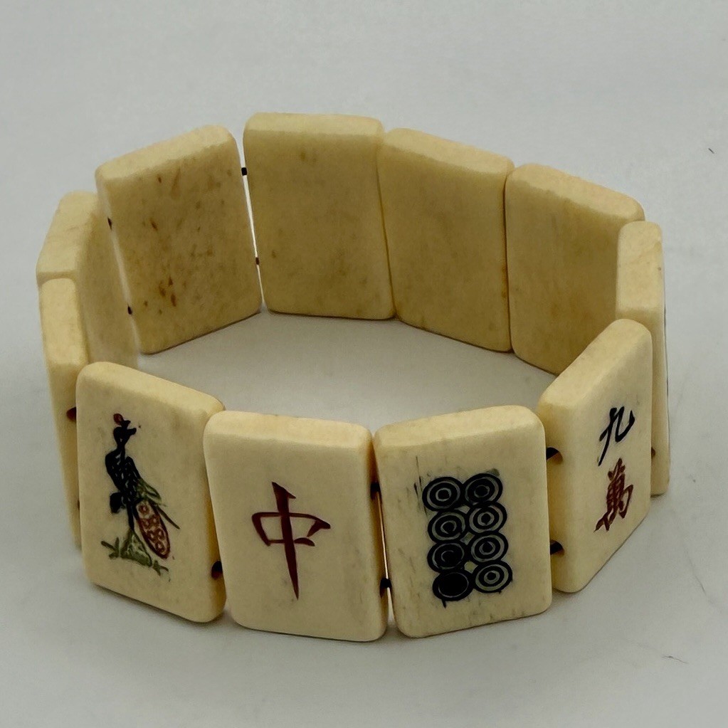 Vintage Bone Mahjong Tile Bracelet With Elastic 1” x 5/8” Tiles
