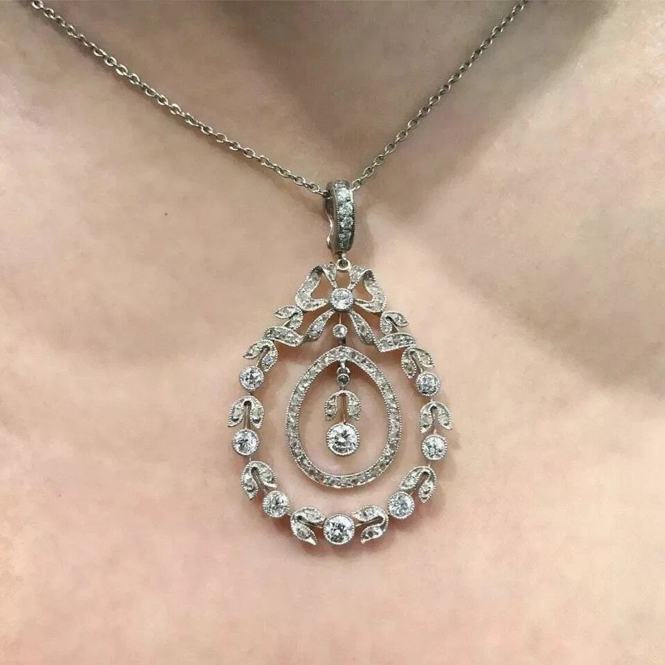 Art Deco Style Lab Created Diamond Engagement Gift 14K White Gold Finish Pendant