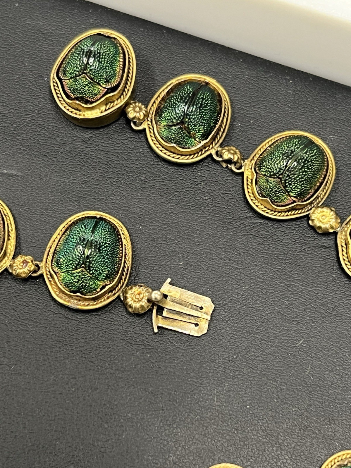 VICTORIAN EGYPTIAN REVIVAL SCARAB BEETLE NECKLACE – GILDED SILVER – 22″ L