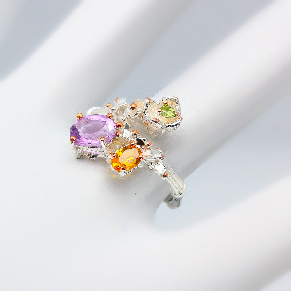 Not Enhanced Natural Amethyst Citrine Silver Ring 925 Sterling /RVS119