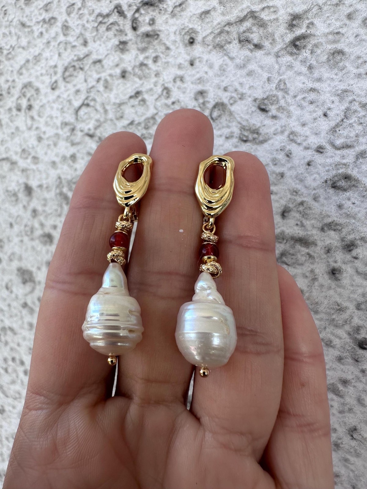 White Baroque Pearl Earrings With Carnelian Accent, Melting Lever back