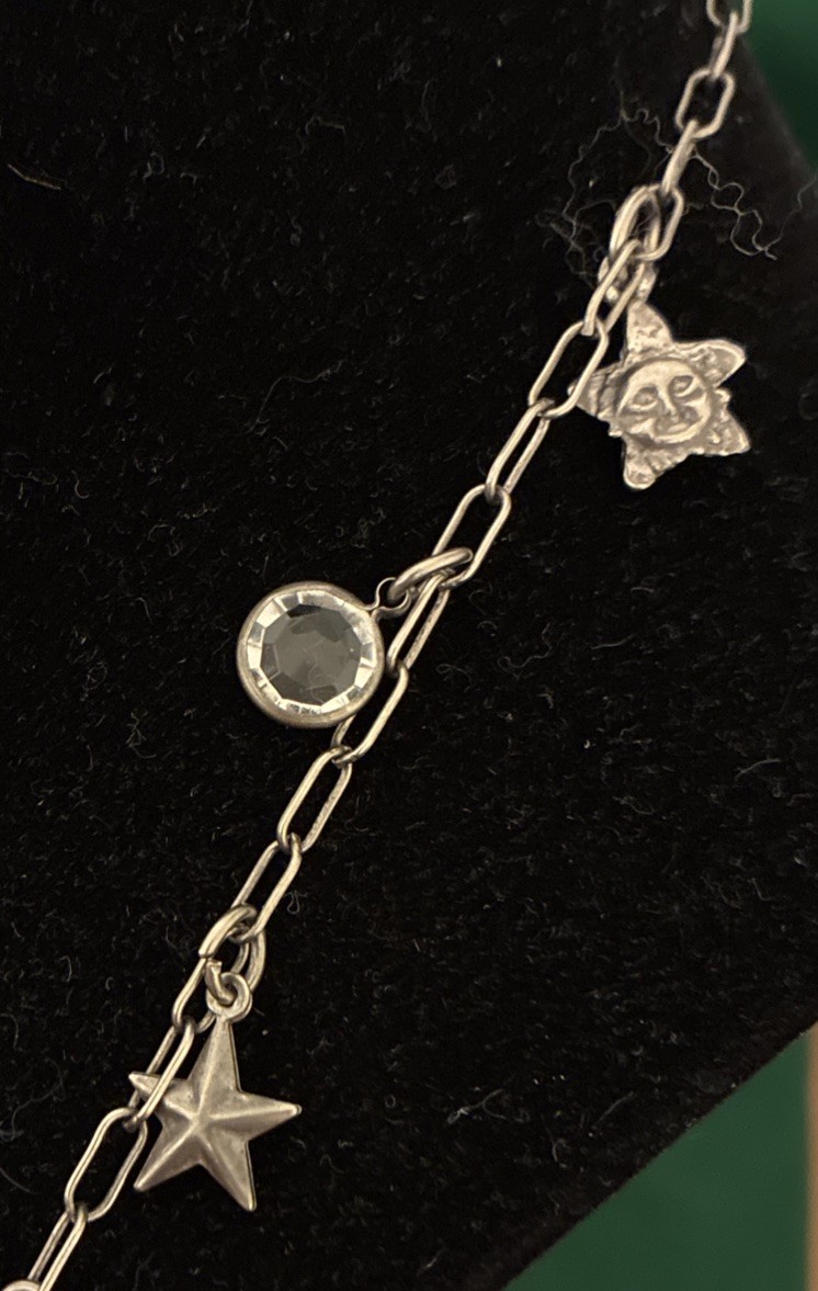 Vintage Silver 36” Celestial Necklace Sun Moon Stars Cupid Bevel Set Crystals