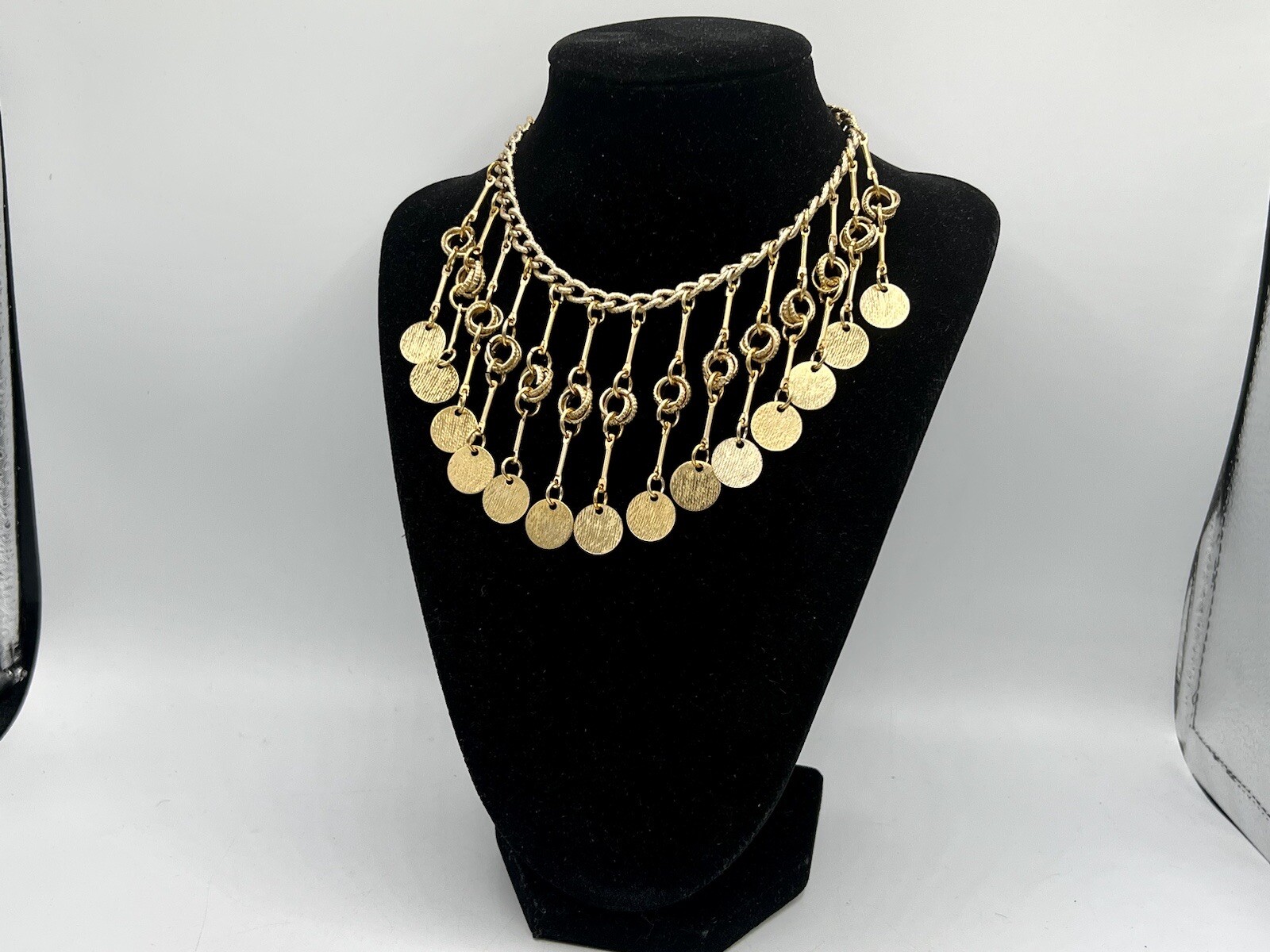 Vintage 1980s New Old Stock Gold Statement Necklace Choker Tribal Fringe