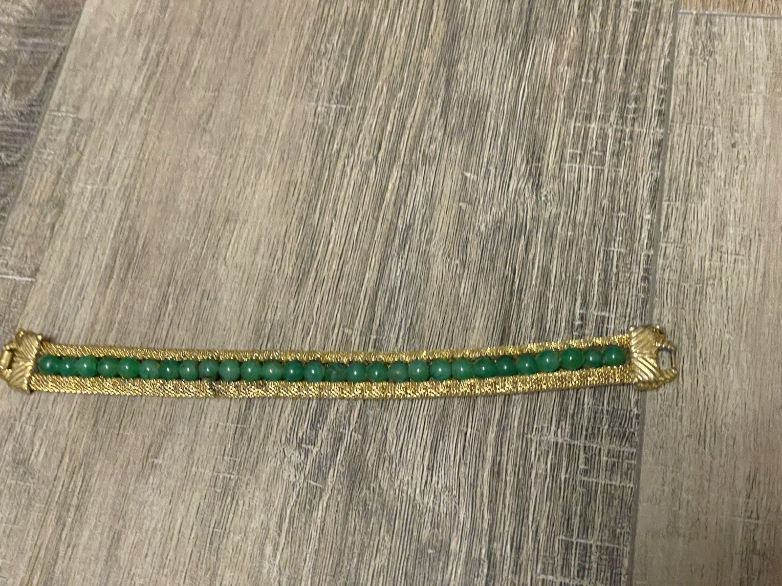 Vintage Gold Tone Woven Mesh Bracelet Green Plastic Beads Wide Bracelet