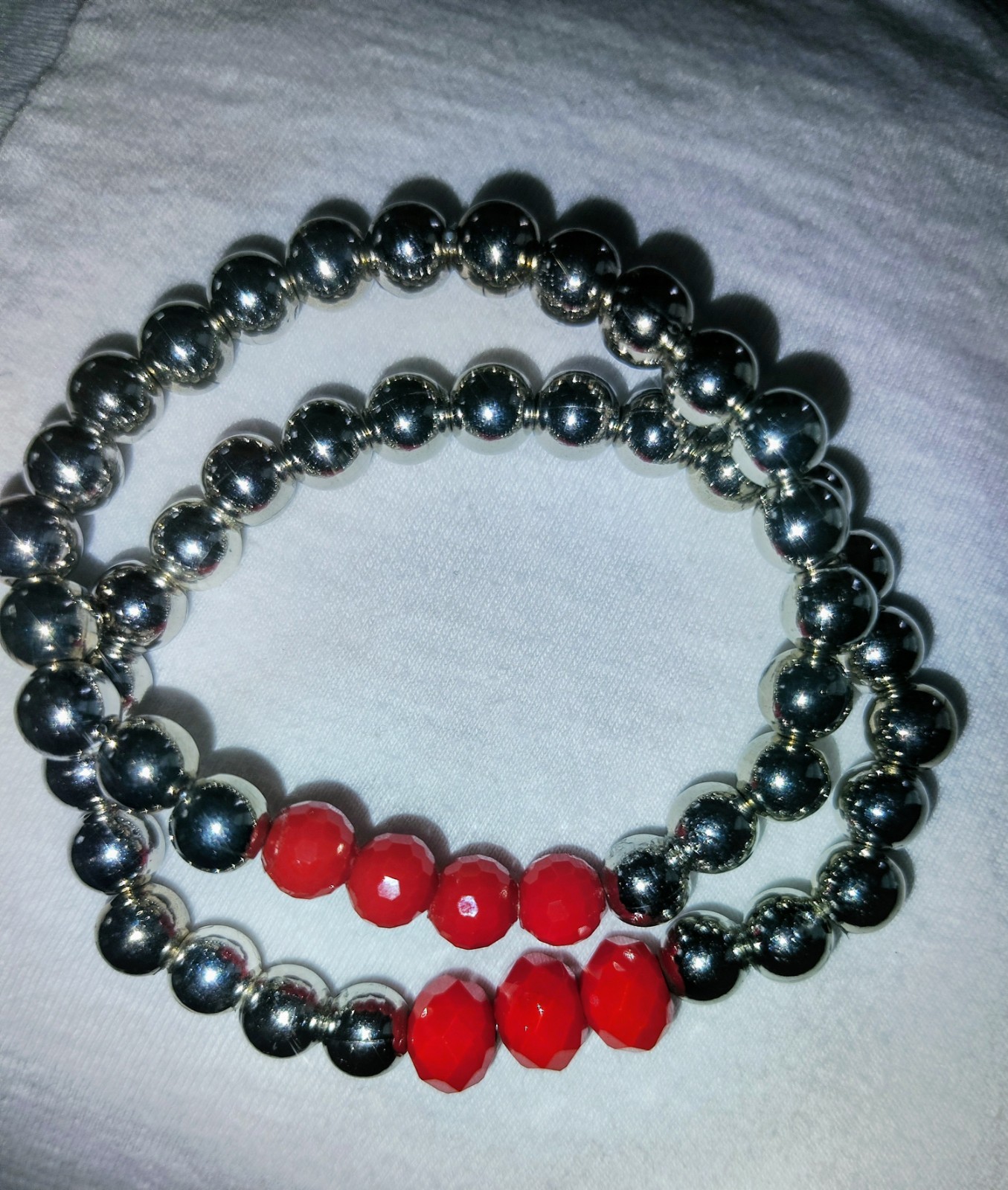 Silver Hematite Bead Bracelet Set 2 Red Crystal Faceted Accent Stretch Women