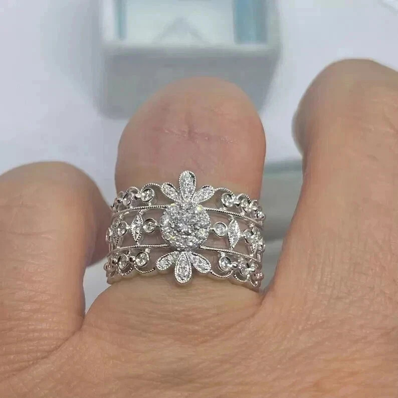 Art Deco Vintage Style Lab Created Diamond Engagement 14k White Gold Finish Ring