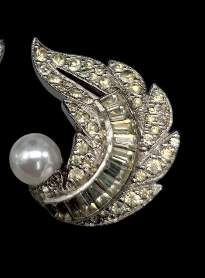 Jomaz Rhinestone Paved Winged Clip On Earrings Faux Pearl Accent Vintage Patent