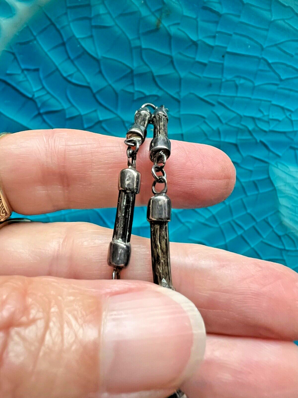 Unusual old sterling links with Buffalo bone, hair, horn Antique bracelet