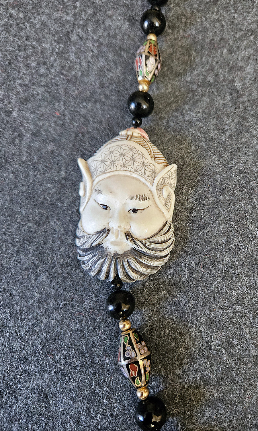 Vintage Japanese Men-Netsuke Mask Statement Necklace – Cloisonné Accents