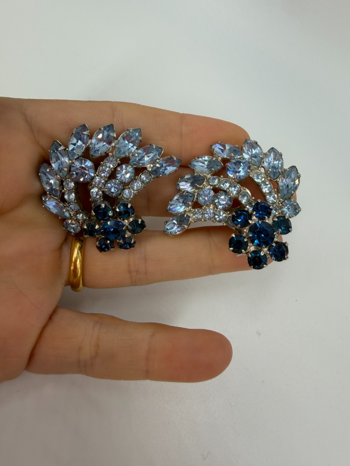 Vintage Earrings Clip On Blue Flower Rhinestone Climber PJ