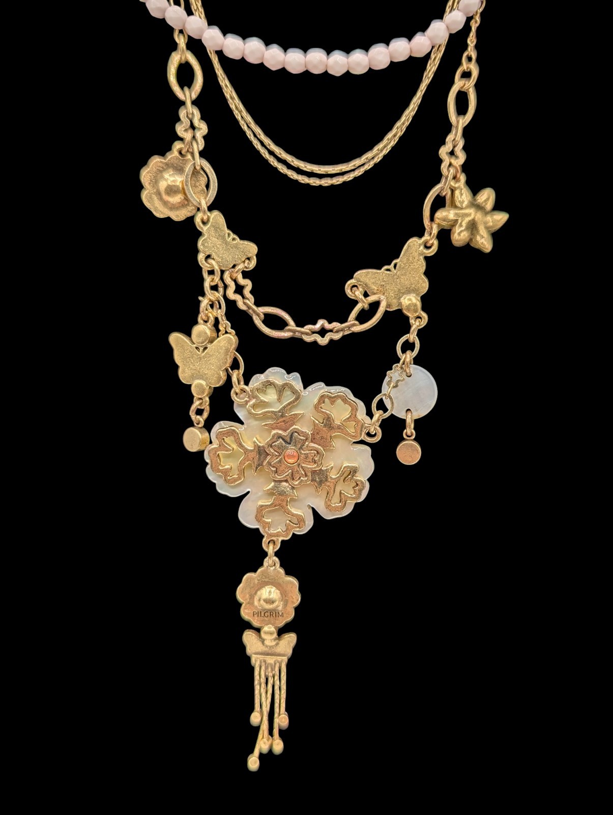 Pilgrim Danish Design Necklace Enamel MOP Crystal Charm Floral Butterfly Whimsy