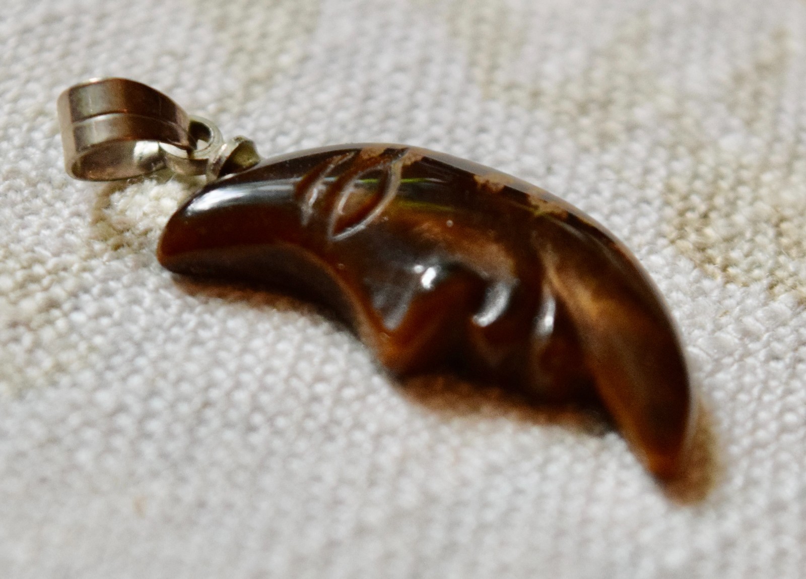 Vintage Brown Stone Carved Crescent Man in the Moon Pendant #9300