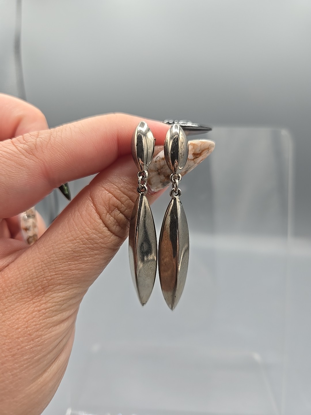 Vintage Sterling Silver 925 Elongated Dangle Stud Earrings