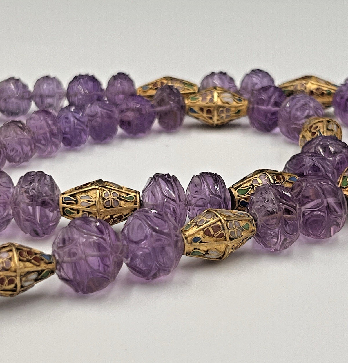 Vtg Chinese Carved Amethyst Bead & Gold Cloisonne Necklace, 168 grams, 30″ Long