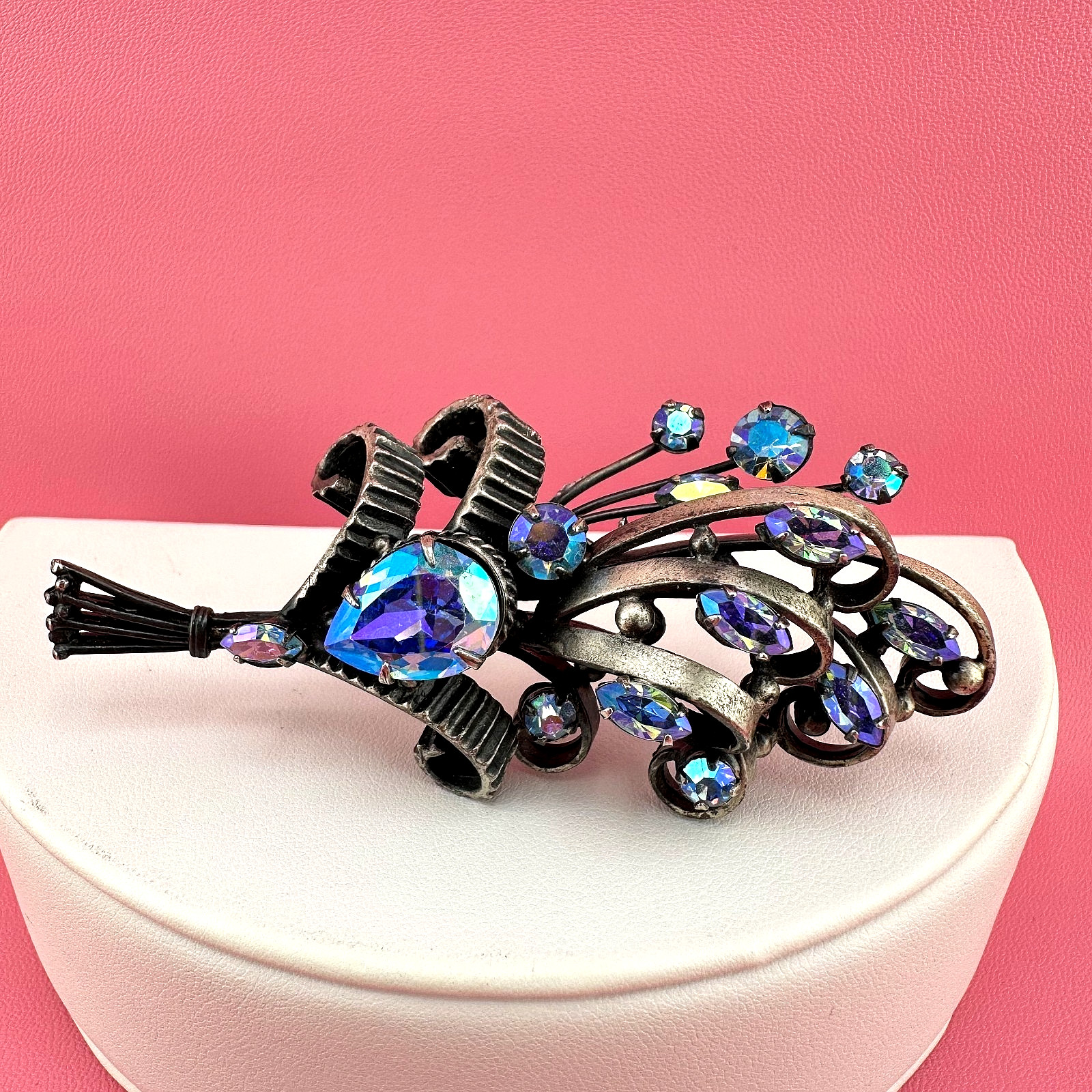 Vintage Rhinestone Brooch Aqua Blue Aurora Borealis Floral Bouquet Pot Metal?