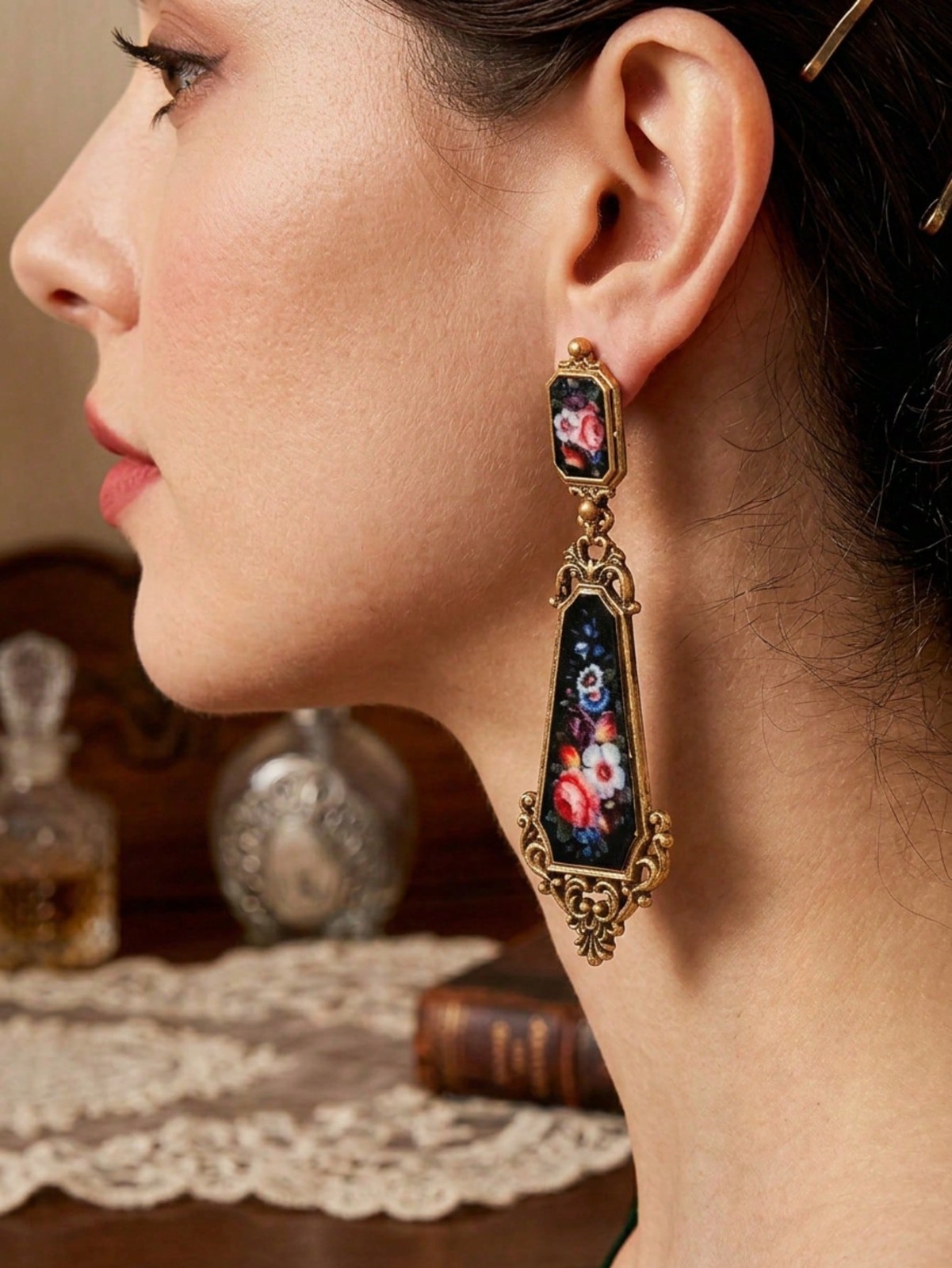 Vintage Floral Dangle Earrings Antique Gold Tone Pink Rose Statement Boho