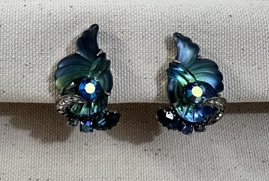Vintage 1960s Signed EDLEE Cornucopia Molded Art Glass Blue Rhinestone Earrings