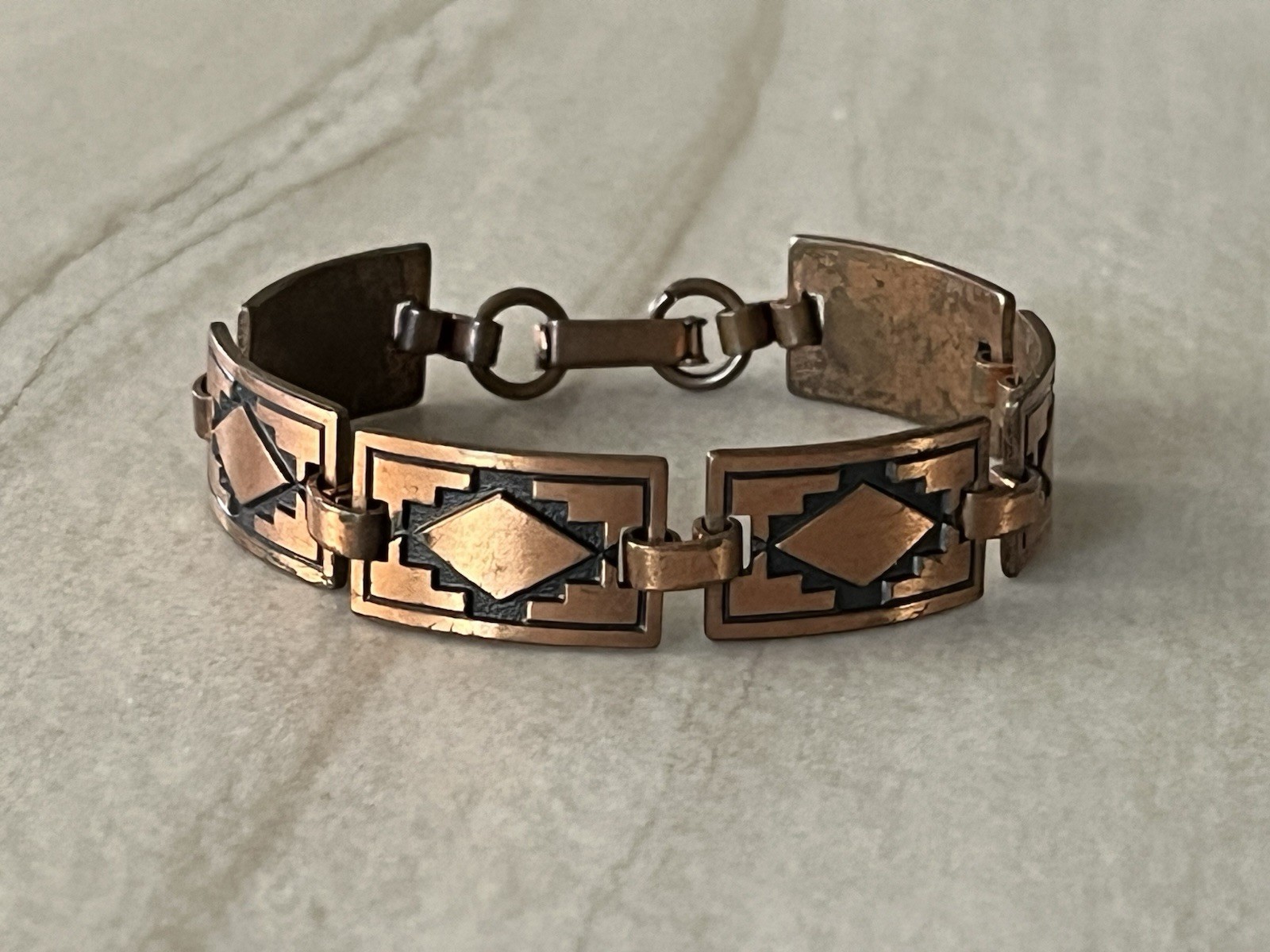 VTG Southwestern Style Rectangular Copper 6 1/4” Panel Link Bracelet Geometric