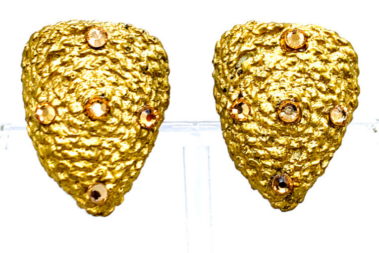 JEFF LIEB 80S VTG LARGE GOLD TONE ROPE RHINESTONE 3D CHUNKY EARRINGS- READ
