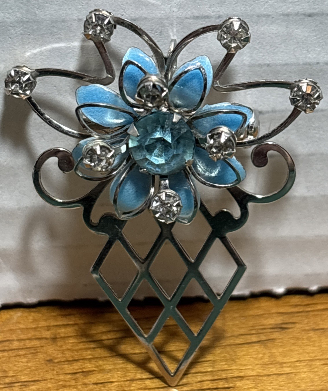 Unsigned Silver Tone Blue Enamel Rhinestone Brooch Or Wear As A Pendant