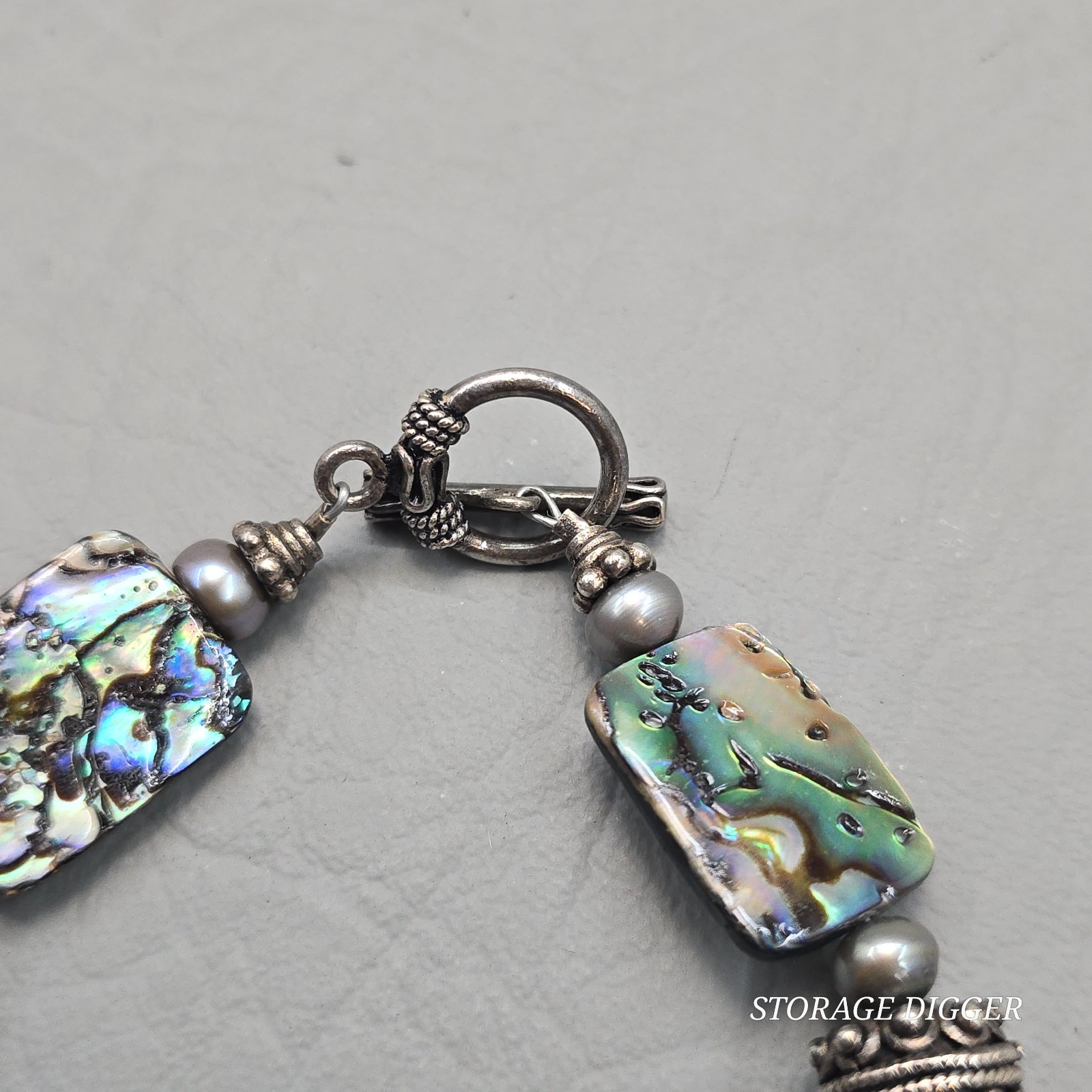VTG Rectangle Abalones & Silver Tone Beaded Bracelet 8.75″ Long, Toggle Closure