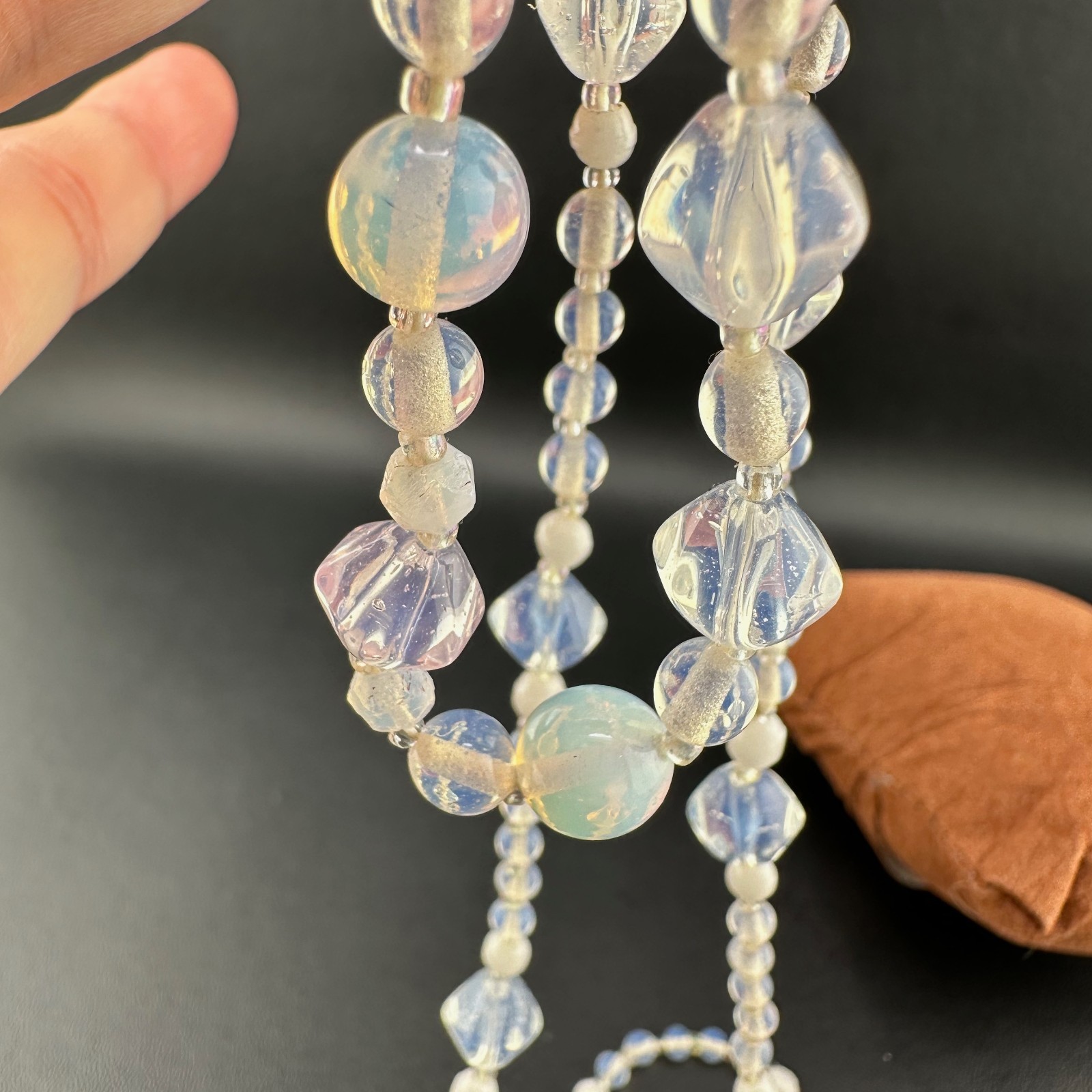 Vintage Opalite Glass Bead Necklace 31″ Faceted Round Hook Clasp Adjustable