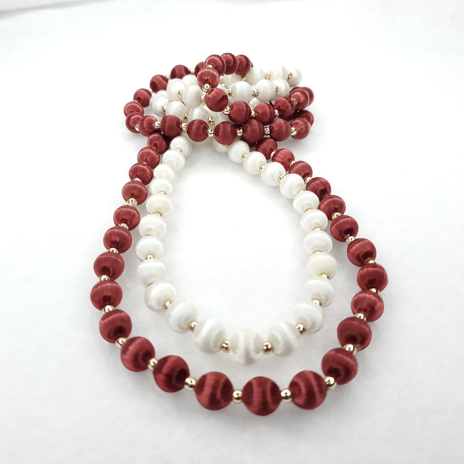 Vintage Satin Beaded Necklace White Burgundy Red Gold Tone 29″ 32″