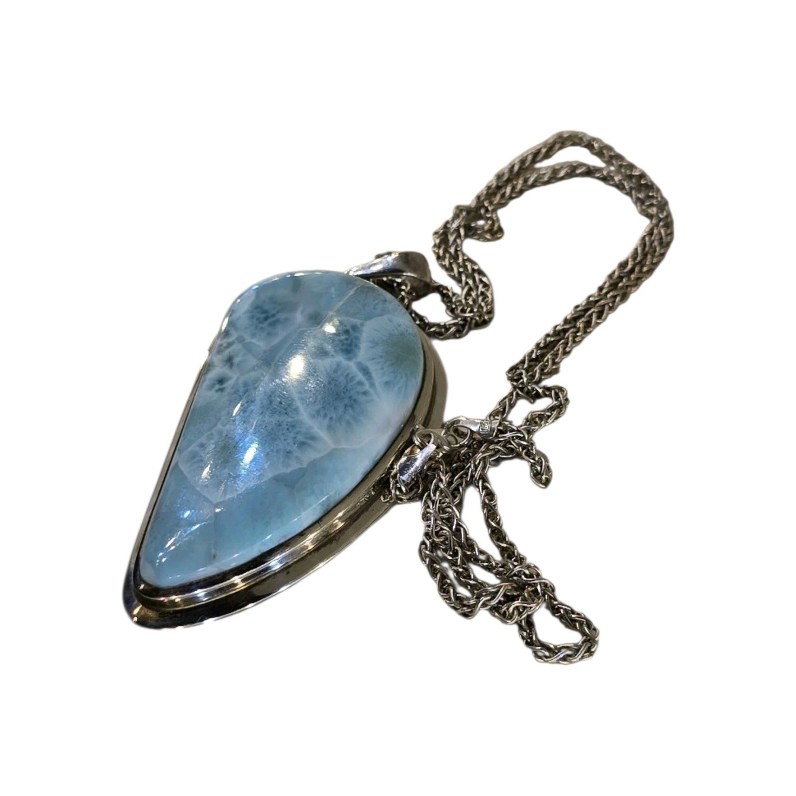 Larimar Pectolite Pendant Necklace Sterling Silver Art G Ito AGI 55g Heavy 23″