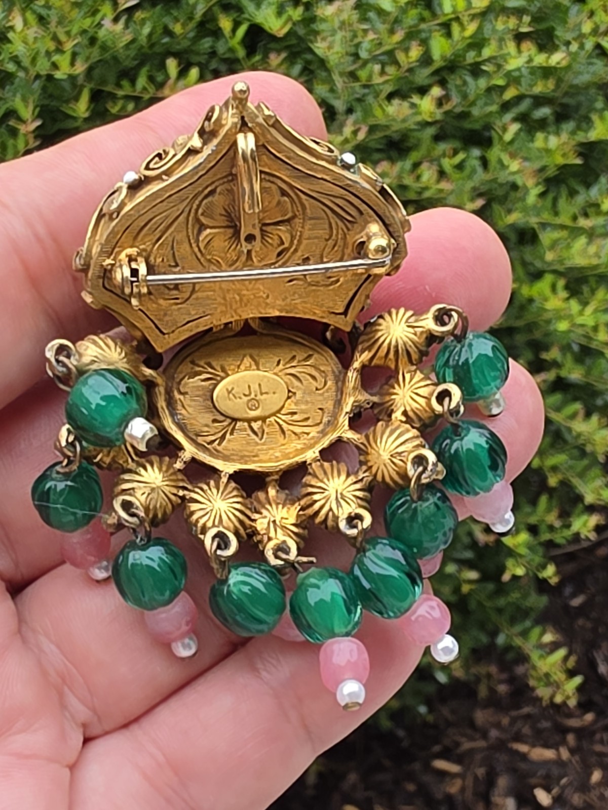 Vtg Signed KJL Jewels of India Mughal Crown Brooch Pendant Green Cabochon Rare
